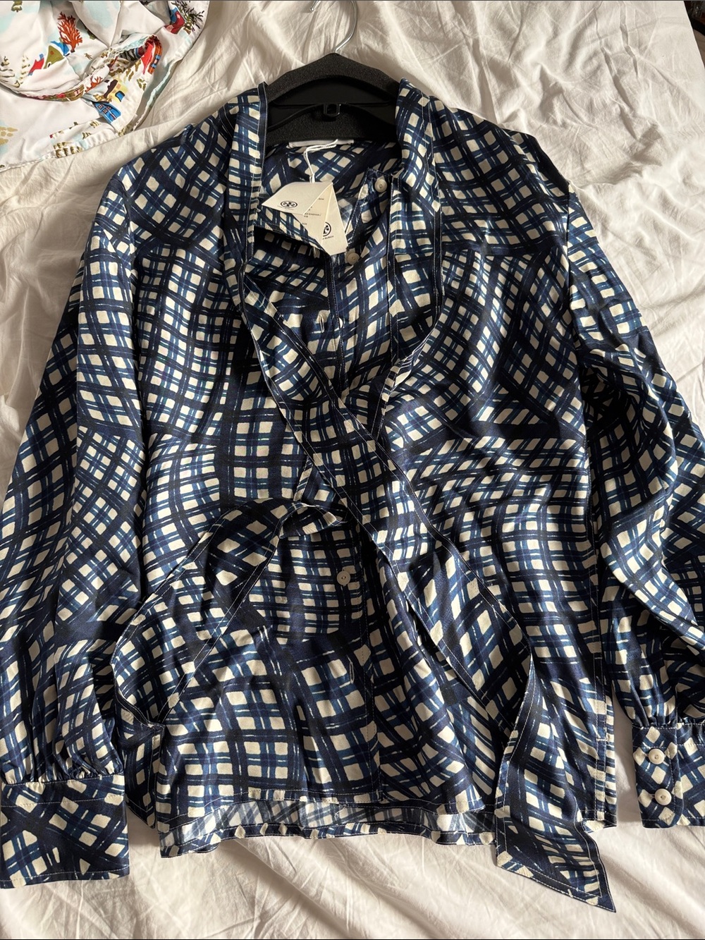 Tory Burch Navy and White Plaid Button-Down Blouse